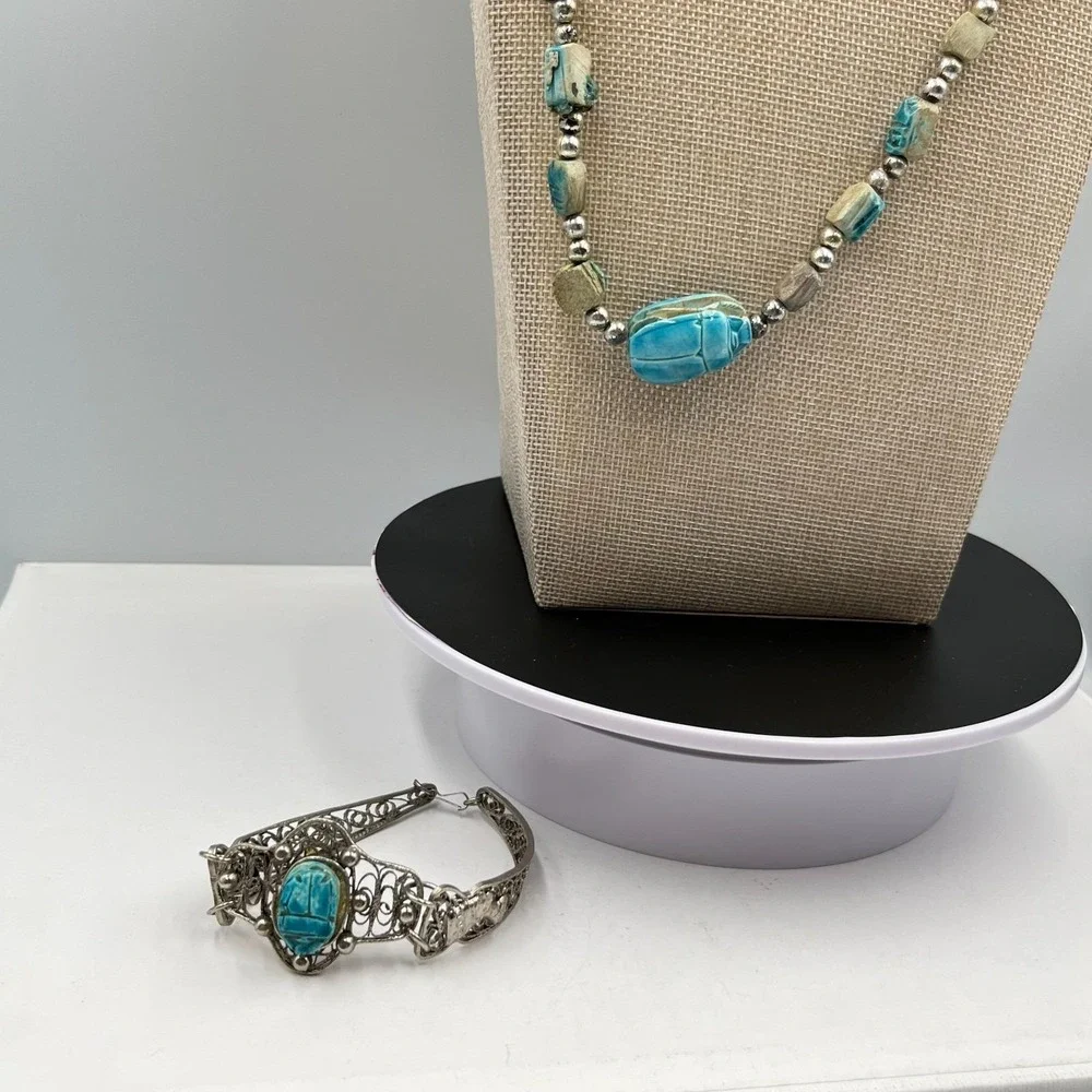 Vintage Egyptian Revival Scarab Beetle Beads Necklace & Filigree‎ Bracelet Set